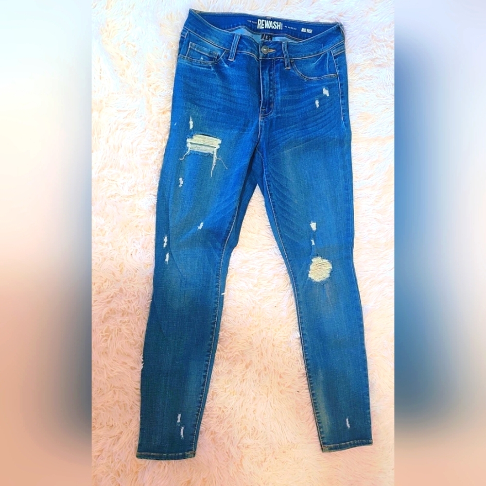 Revamped, medium washed, soft, stretchy, blue denim pants in size 5, US 8.